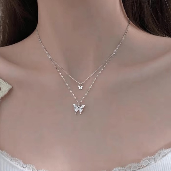 Jewelry - Silver plated Butterfly double Necklace Cubic zirconia crystal